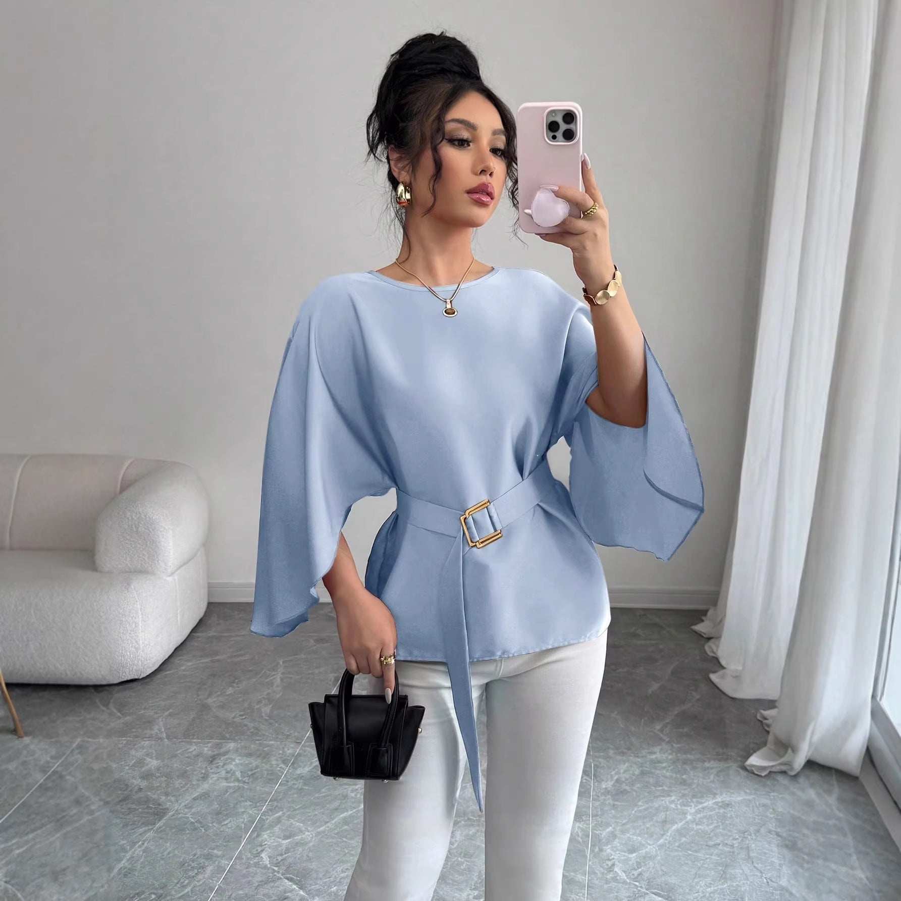 Womens Flared Sleeve Defined Waist Round Neck Lace-Up Slimming Shirt
