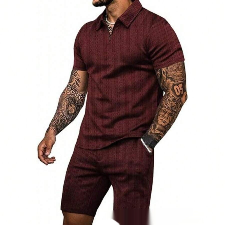 Zip Up Short Sleeve Shorts Men's Casual Set