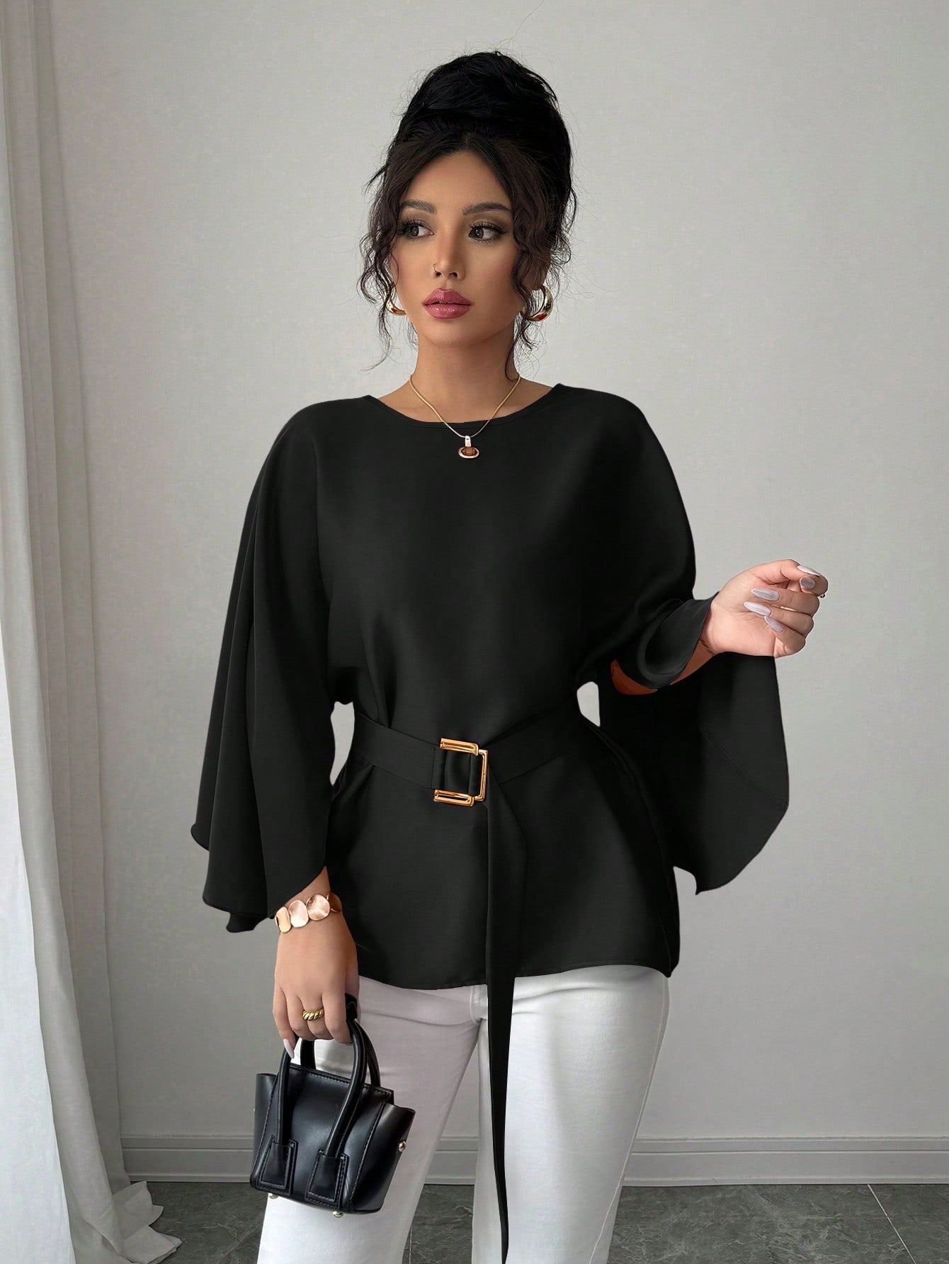 Womens Flared Sleeve Defined Waist Round Neck Lace-Up Slimming Shirt