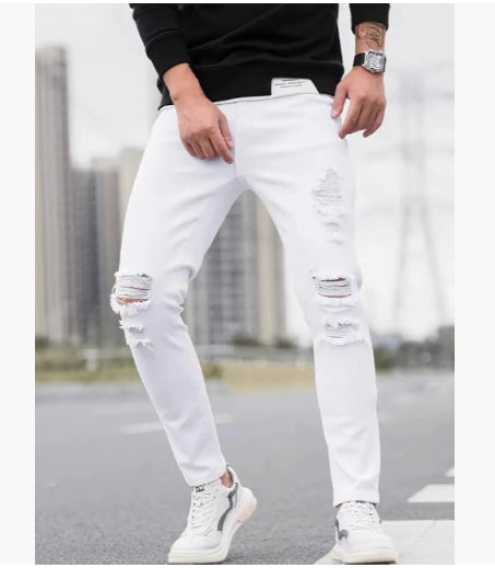 Blugi bărbătești uni, cu manșetă, drepți, casual și confortabili, croială slim