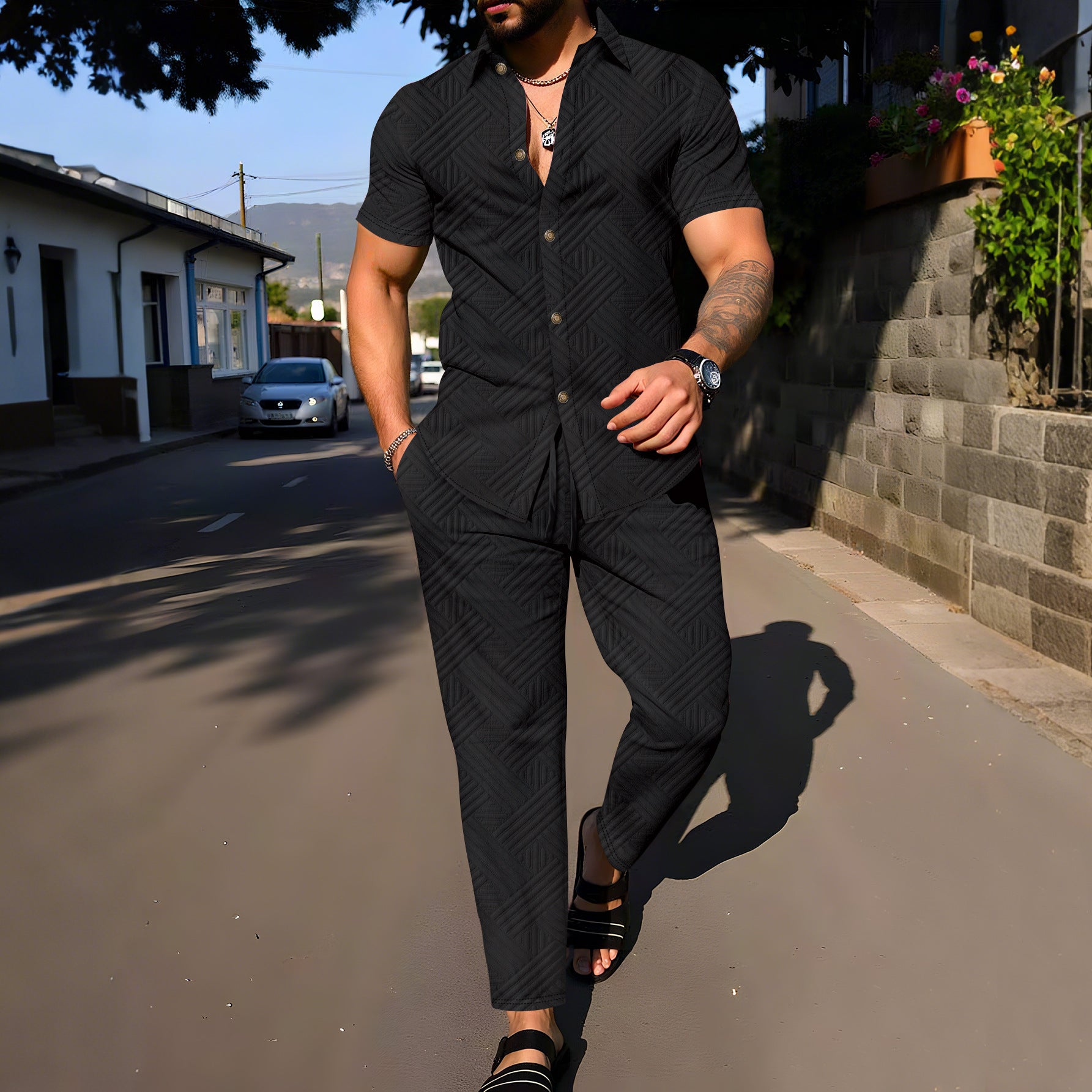 Men's Summer Solid-Color Jacquard Lapel Suit