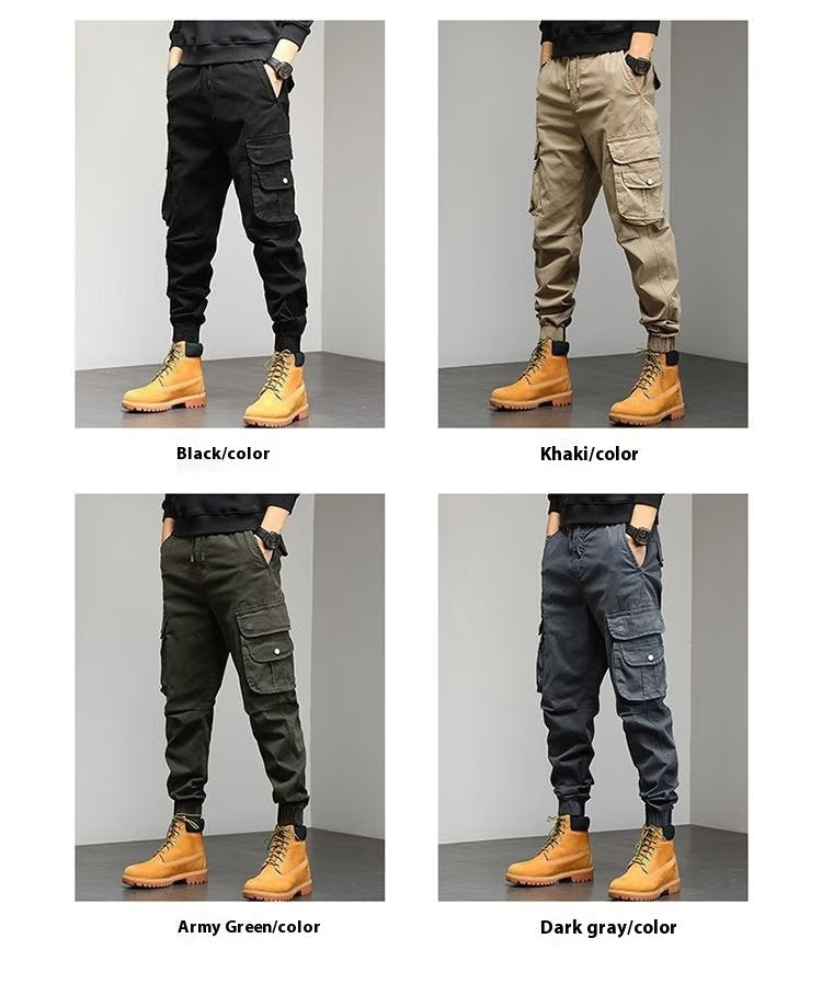 Pantaloni bărbați Cropped Tooling Primăvară și Toamnă, Lejeri Casual, cu manșetă la gleznă, cu multiple buzunare