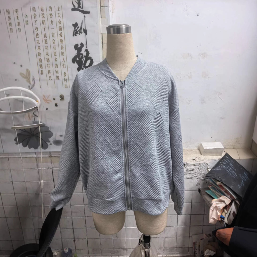Womens Textured Zip-Up Bomber Jacket Casual Outerwear