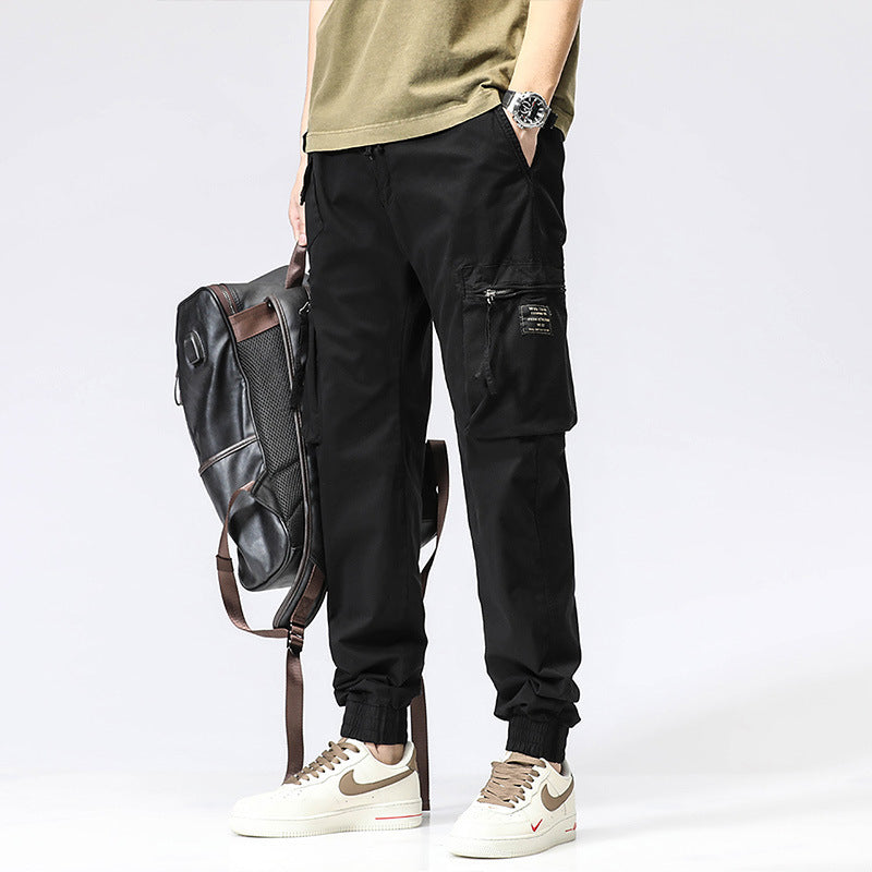Pantaloni casual, marca la modă, cu talie elastică, pentru bărbați tineri, simpli, din bumbac pur, cu multiple buzunare, pantaloni de lucru, cu șiret la gleznă