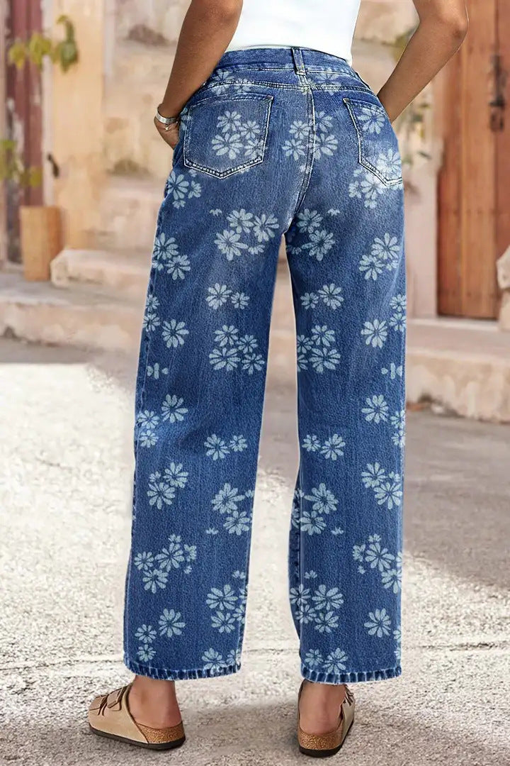Blugi cu talie înaltă, croială dreaptă, cu imprimeu floral vintage