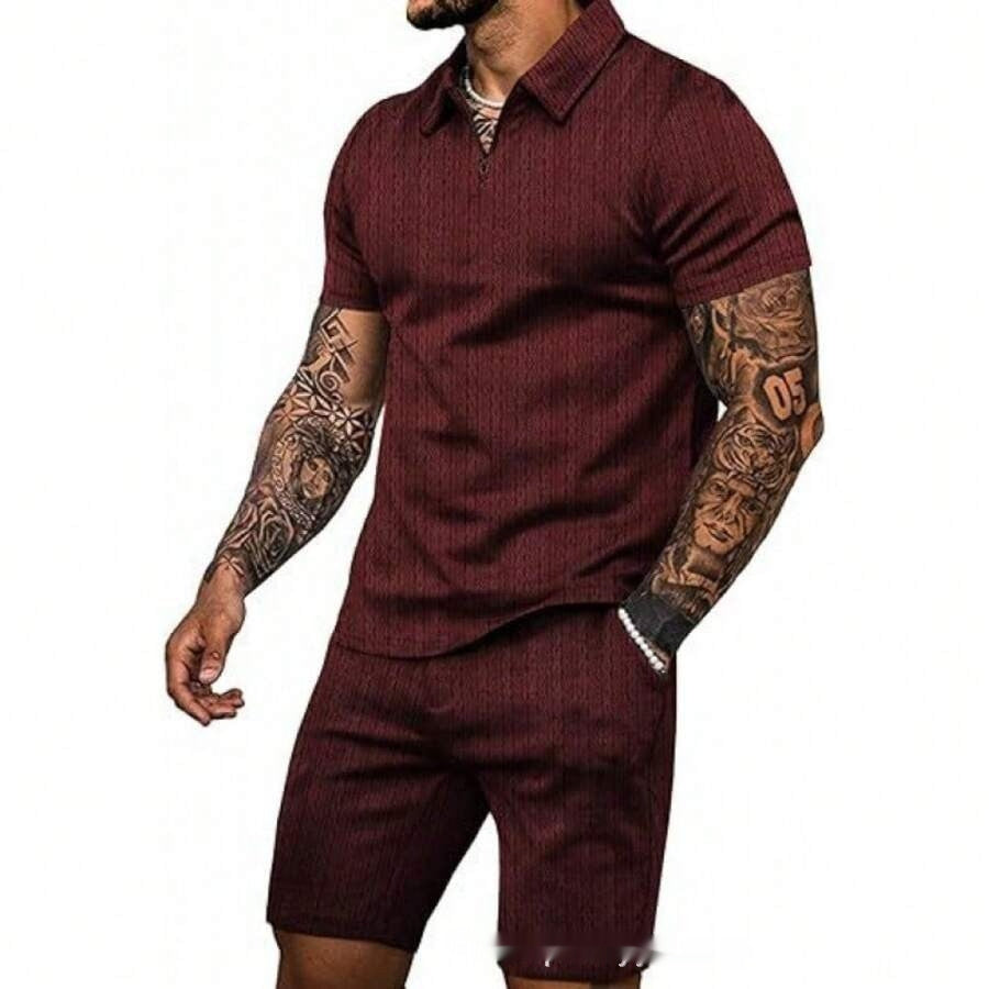Zip Up Short Sleeve Shorts Men's Casual Set