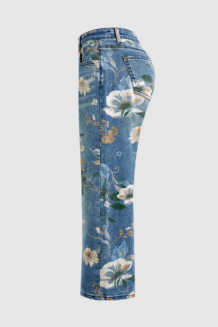 Blugi cu talie înaltă, croială dreaptă, cu imprimeu floral vintage