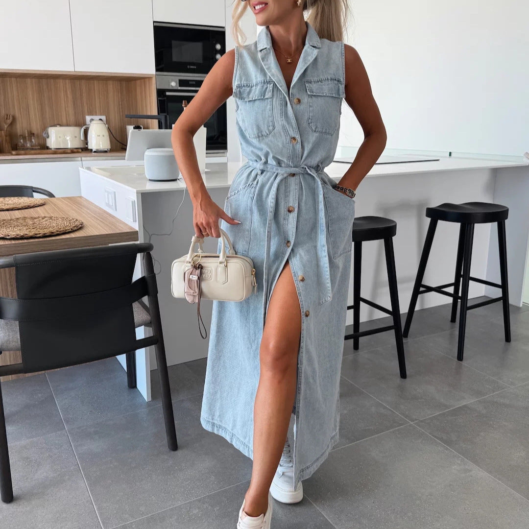 Rochie de blugi fără mâneci cu talie tip cordon
