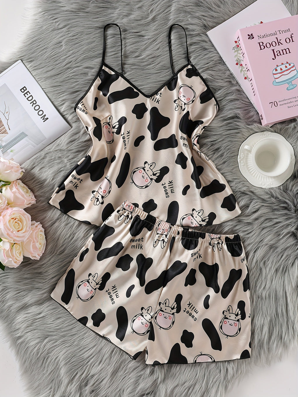 Womens Silk Cow Print Cozy Cool Home Jumpsuit Shorts Set