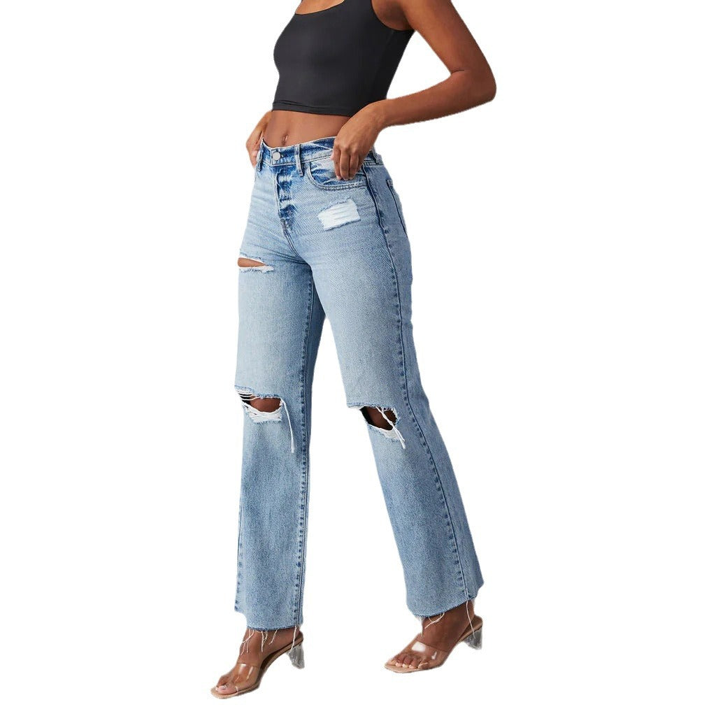 Blugi din denim rupți, cu tiv nefinisat, spălați, casual, pentru femei, cu picior drept