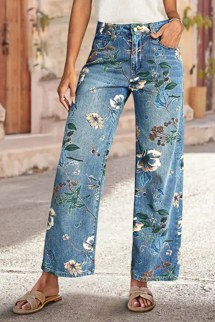 Blugi cu talie înaltă, croială dreaptă, cu imprimeu floral vintage