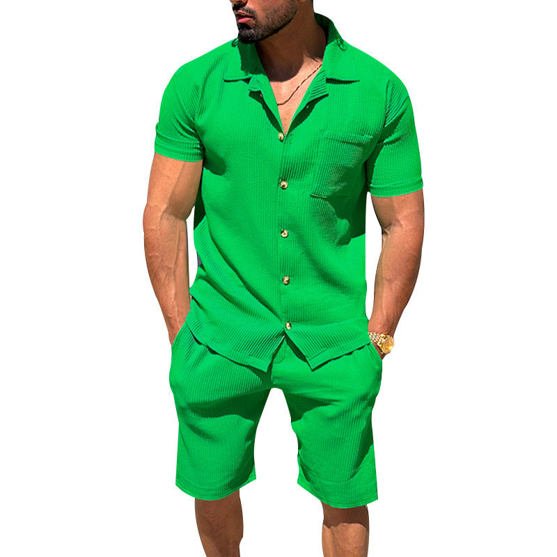 Men's Lapel Cardigan Shorts 2 Pieces Suit Summer Solid Color Vertical Stripes Short Sleeve Shorts